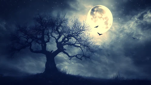 Moonlit tree stretches its crooked arms across silver fog