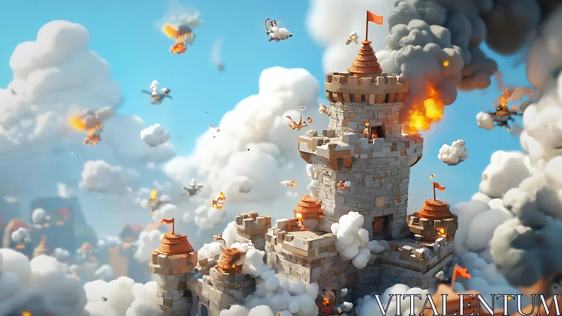 Stylized stone fortress under dynamic aerial siege in clouds.