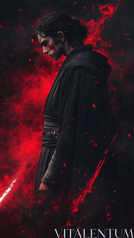 Side profile of robed figure against dense red particle field