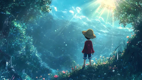 Sunlit valley vista before straw-hatted child explorer.