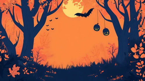 Gentle Halloween twilight with playful pumpkins and bats.
