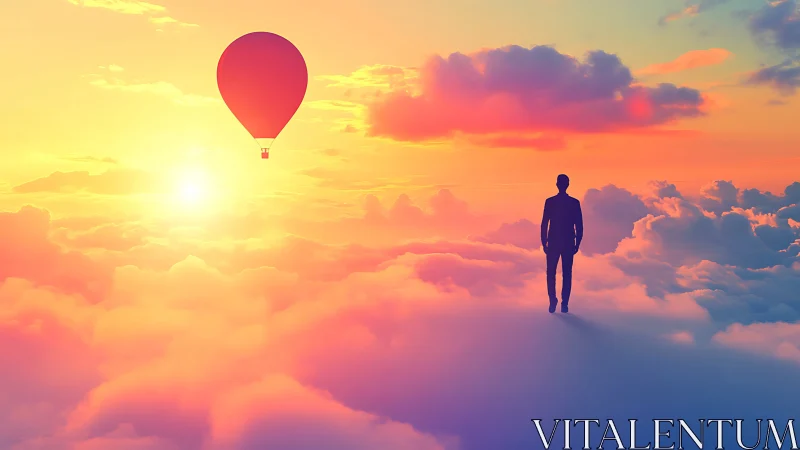 Silhouetted figure on cloud plane observing balloon in saturated sunset