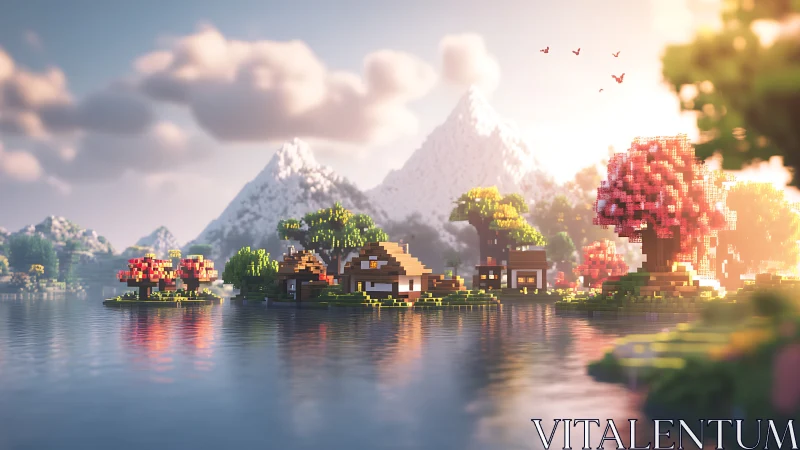 Pixel Art Fantasy Village by Mountain Lake.