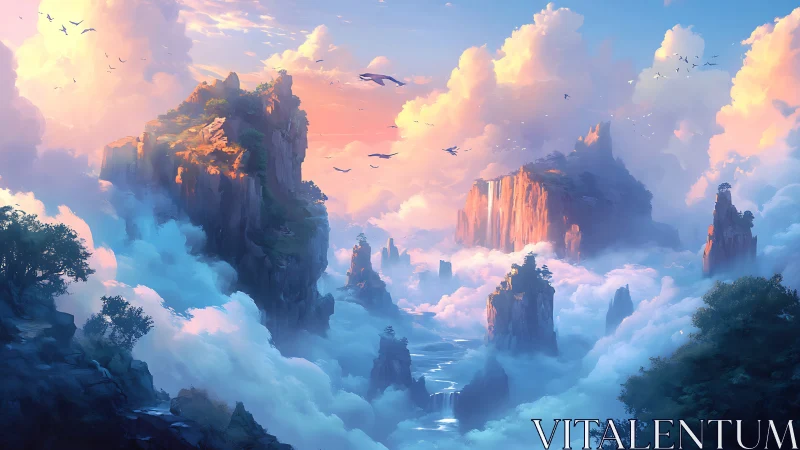 Vertical rock formations rise above dense cloud-covered valley