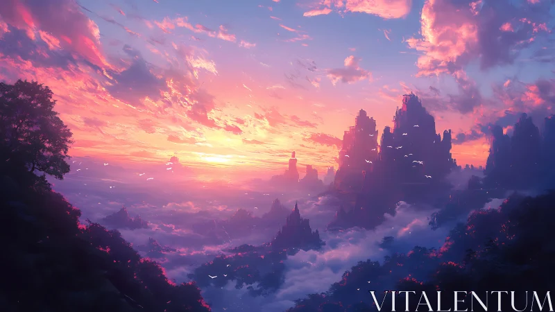 Radiant fantasy mountains welcome a dreamy sunrise sky