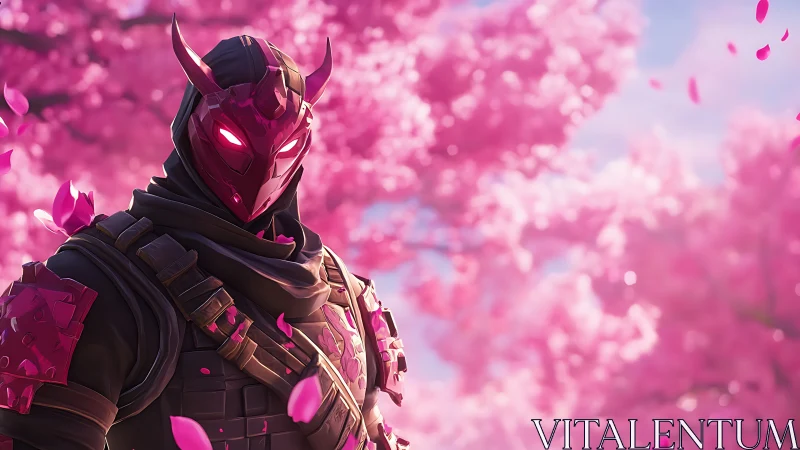 Armored cherry blossom guardian in a dreamy pink garden.