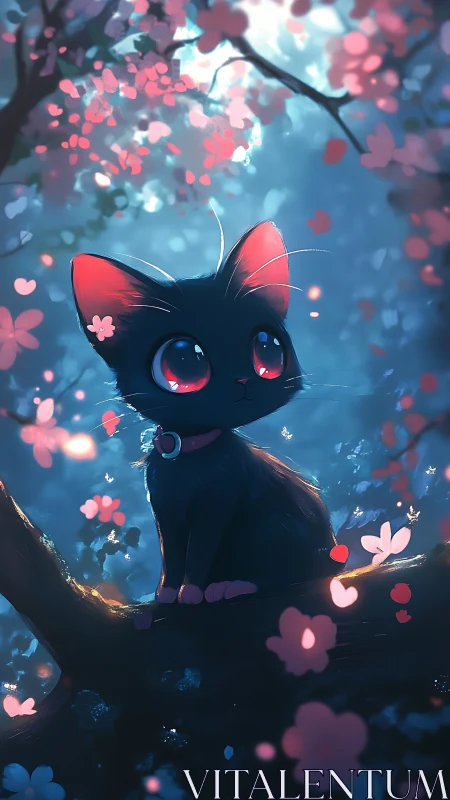 Wide-eyed black kitten gazes dreamily in a glowing blossom tree