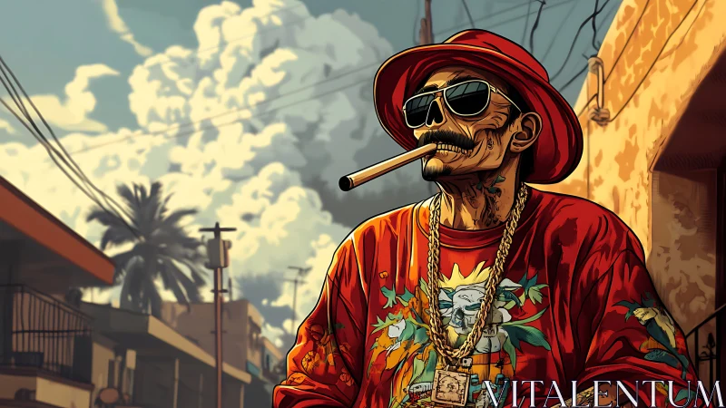 Urban skeletal kingpin in red bucket hat and floral streetwear