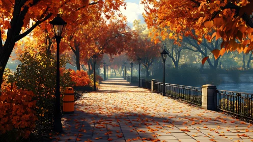 Sunlit riverside path under vivid autumn foliage glow.
