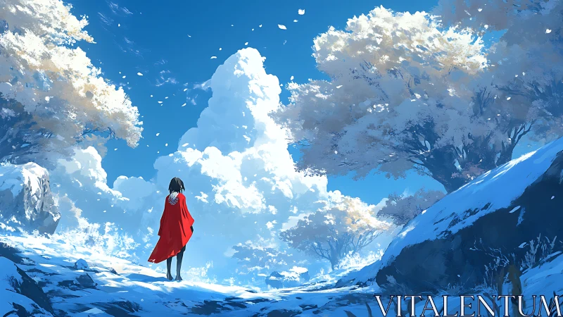 Solitary wanderer crosses luminous snowy hillside under sky