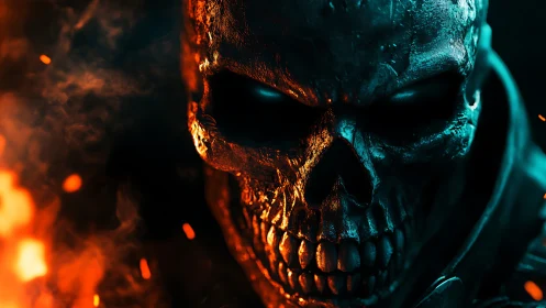 Digitally rendered skull face is illuminated by contrasting fire
