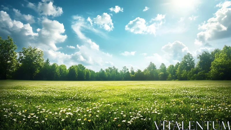 Sunlit wildflower meadow stretches toward distant forest edge