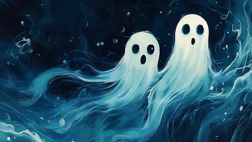 Two translucent ghosts drift in swirling blue mist.