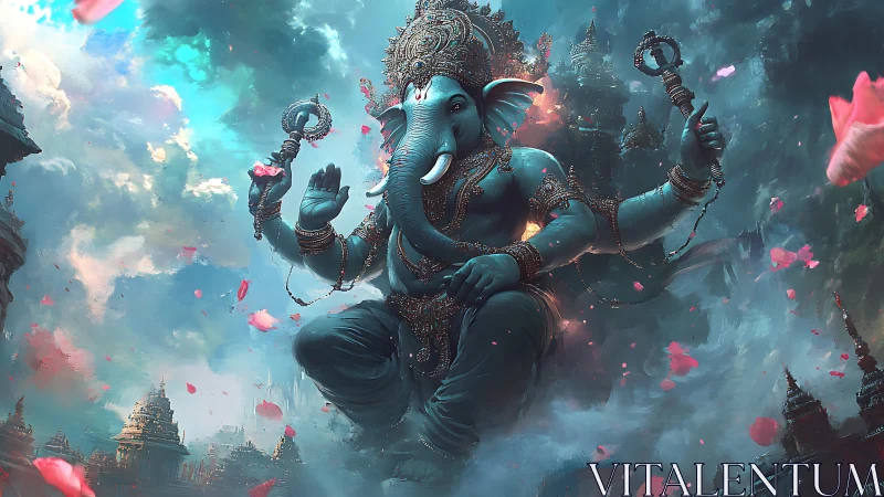 Mythic elephant-headed deity levitating over misted temple city