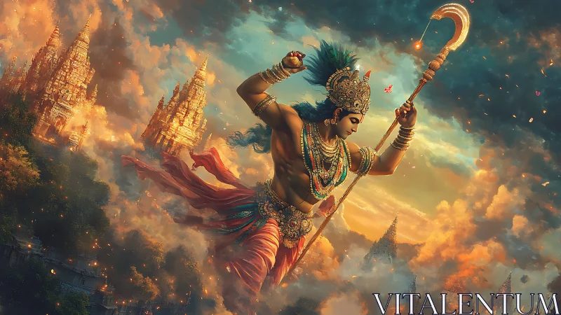 Majestic warrior deity strides through blazing temple skies