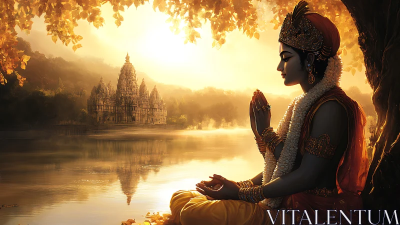 Golden sunset meditation beside serene riverside temple.