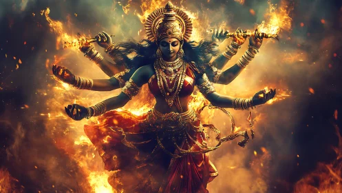 Radiant multi-armed goddess dancing in swirling sacred fire.