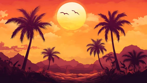 Vibrant tropical sunset landscape rendered in stylized digital art