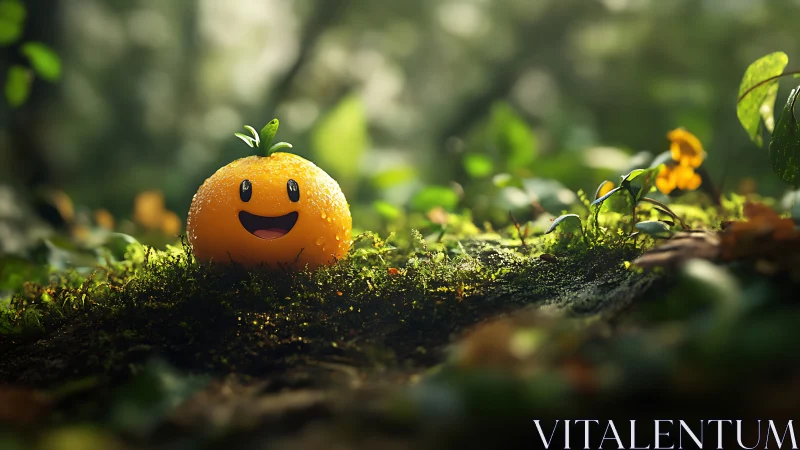 Smiling orange character sits on moss in soft forest light