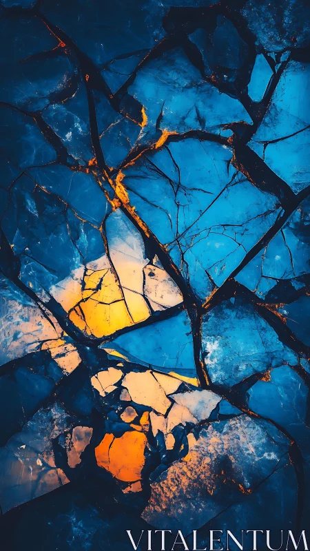 Cracked blue ice glows with molten gold fissures.