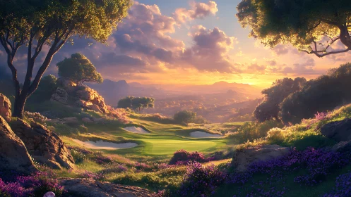 Sunlit fantasy golf green cradled in glowing wild hills.