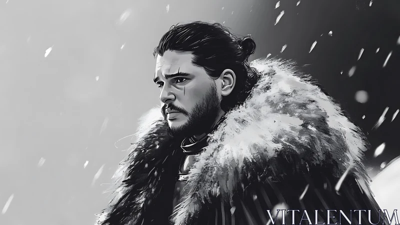 Snowbound warrior studies the storm with quiet resolve.