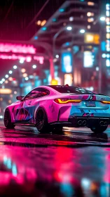 Neon-wrapped sports coupe in rain-soaked cyberpunk street scene.