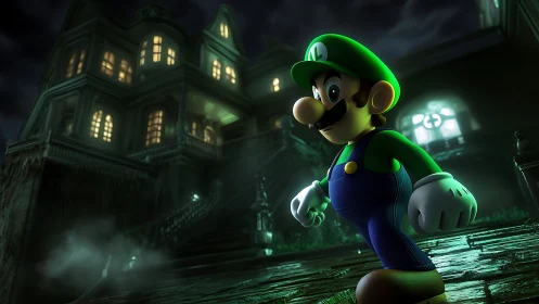 Nervy green hero stalks a misty neon haunted mansion night.