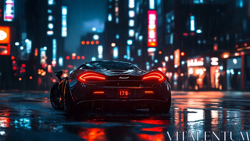 Cyberpunk supercar in neon-soaked rainy night streetscape.