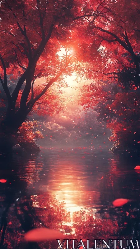 Sunlit red foliage over still reflective forest water.