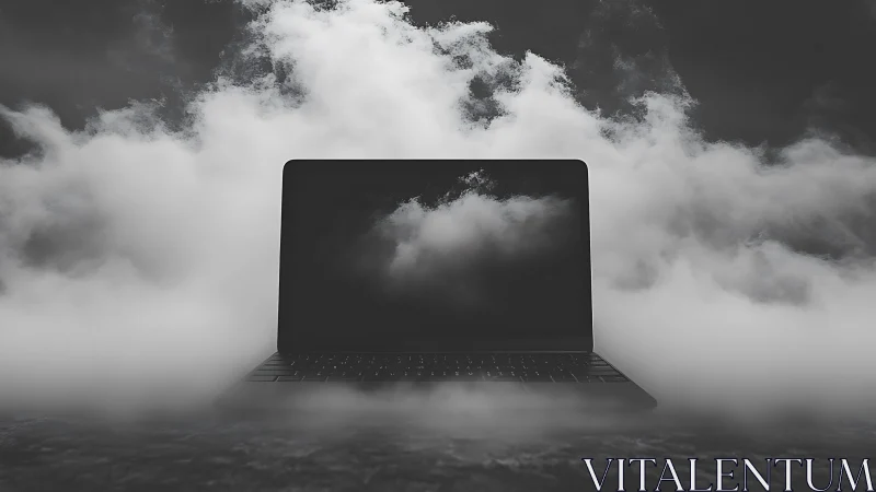 Laptop gently floating in dreamy monochrome clouds of mist.