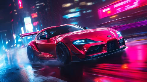 Crimson street racer glides through neon soaked city night