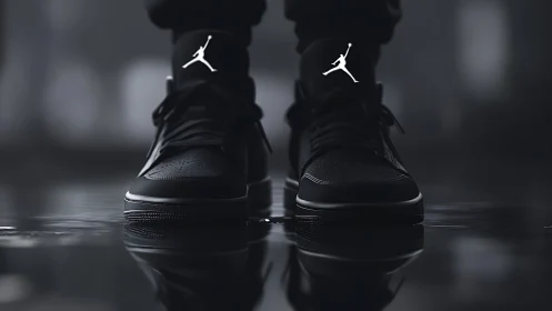 Sleek black sneakers stand on wet ground in moody studio light