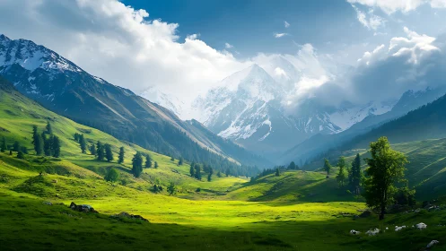 Snowy mountains above sunlit green alpine valley scene.