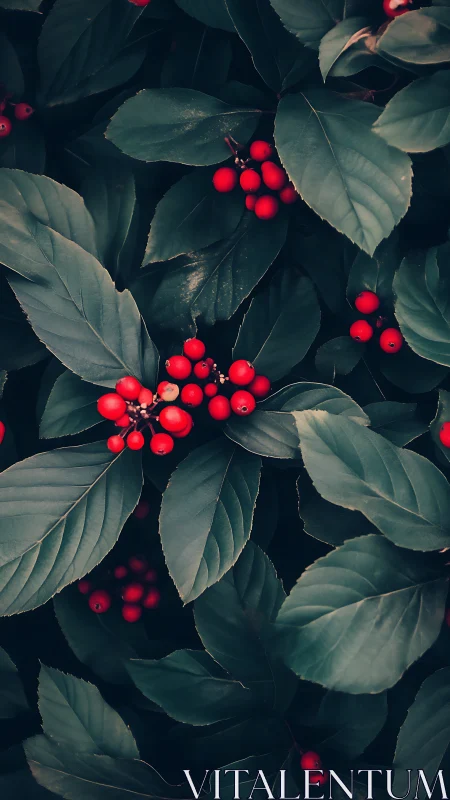 Dark teal foliage frames saturated red berry clusters tightly.