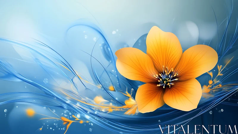 Orange flower rendered with blue wave abstraction against gradient sky