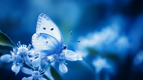White butterfly on small blossoms in blue-toned close-up.