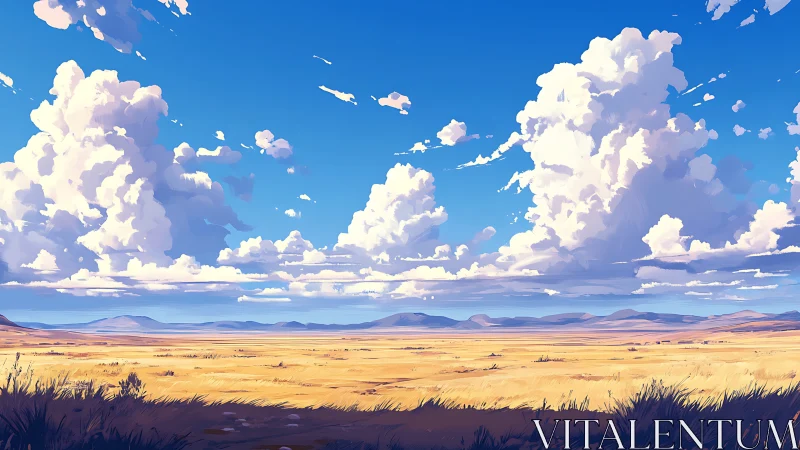 Endless golden plain beneath towering summer clouds.