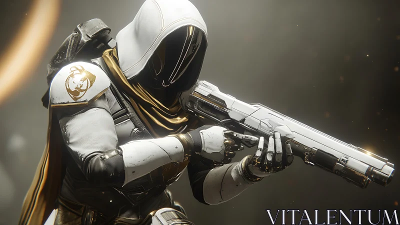 Hooded sci fi guardian aiming rifle in golden haze.