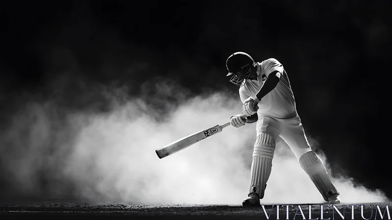 Low key monochrome cricket batsman executing front foot drive
