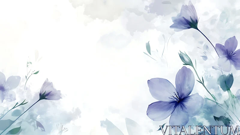 Watercolor purple flowers with soft blue foliage on white background