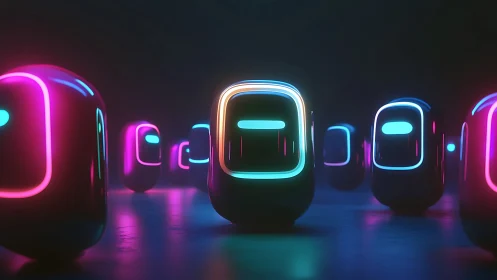Neon-lit robot pods glow across dark reflective floor