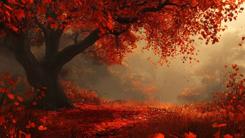 Cinematic autumn forest glade under dense scarlet maple canopy
