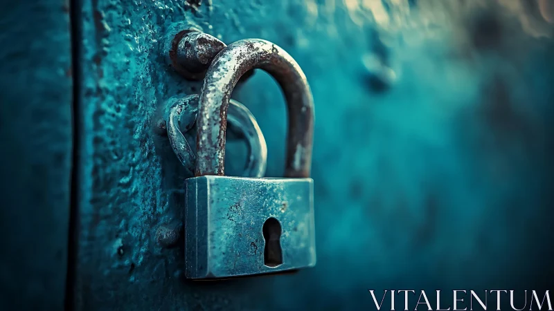 Weathered steel padlock on textured teal metal door surface.