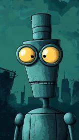Curious blue robot gazing wide eyed at a quiet cityscape.