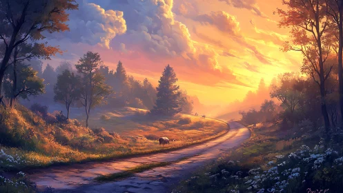 Sunlit country road curves through glowing autumn valley