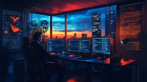 Night coder gazes over a glowing city from a high-tech desk
