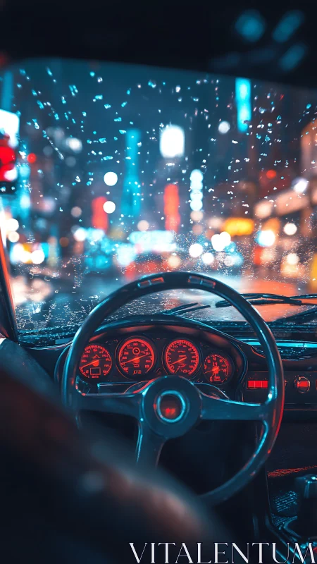 Retro car cockpit glows against a neon soaked rainy city night
