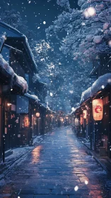 Snowy lantern-lit alleyway glows under a tranquil winter sky.