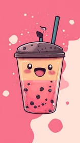 Smiling bubble tea cup pops against playful pink backdrop